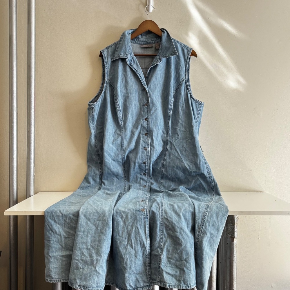 Kate Hill Woman 22W Sleeveless Denim Maxi Dress Button Cottagecore 100% Cotton